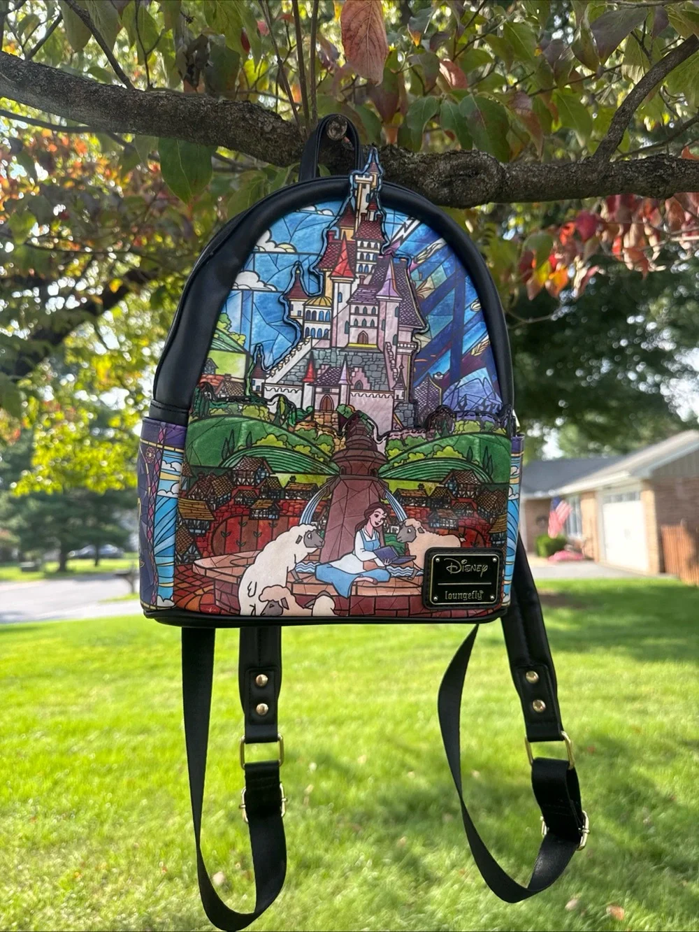 Loungefly Beauty and the Beast Stained Glass Mini Backpack - Blue, Green, Purple